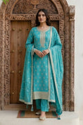 Dusty Teal Woven And Embroidered Silk Suit
