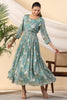 Teal Color Crepe Printed Peonies Dress
