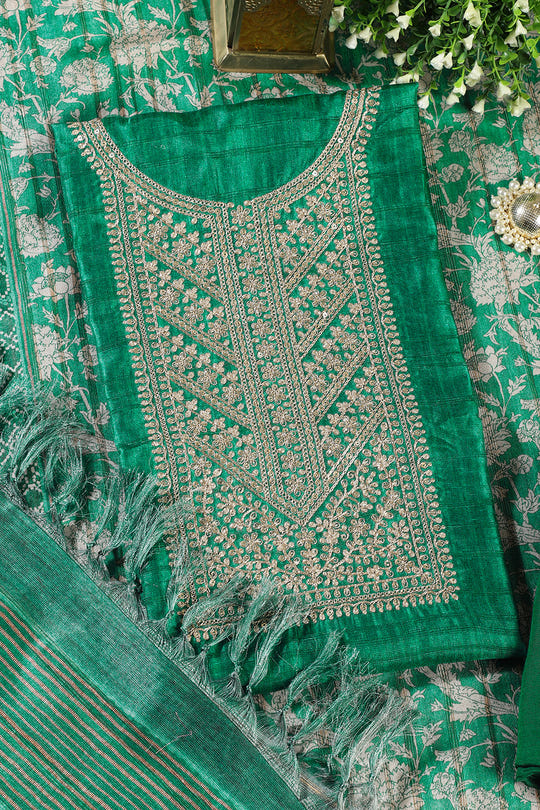Green Tussar Silk Neck Zari Embroidered Unstitched Suit