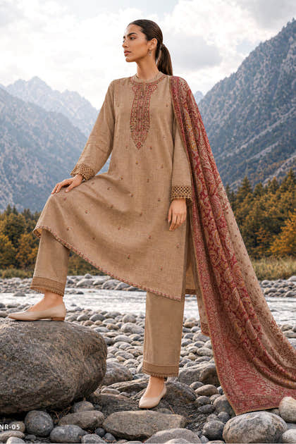 Beige Matka Silk Embroidered Unstitched Suit Material