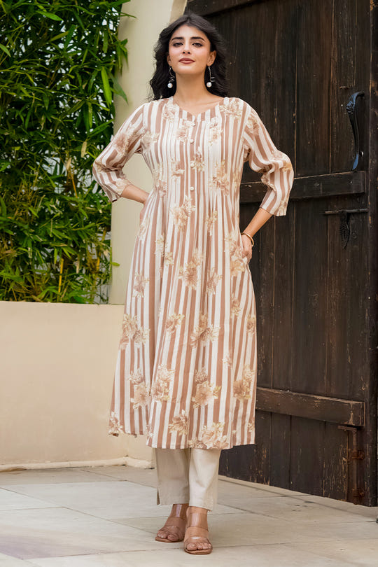 Light Brown Muslin Floral Printed Kurta Set