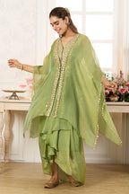 Green Shimmer Fabric Embroidered Cape Jacket with Crop Top & Dhoti Style Pant Co-ord Set
