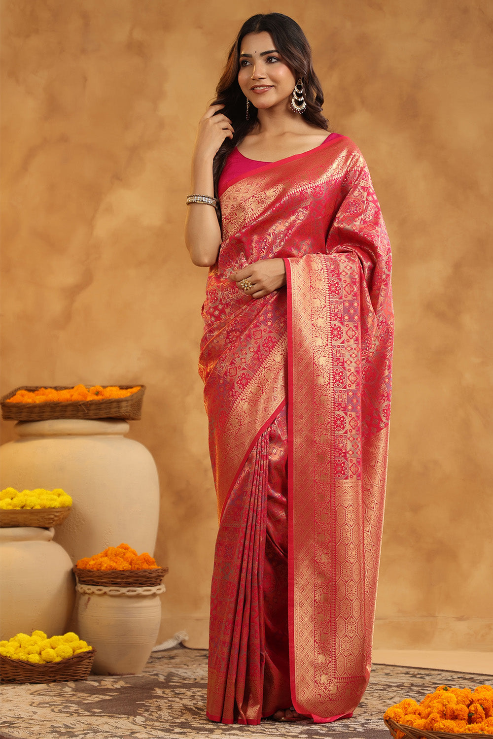 Fuchsia Color Zari Woven Saree