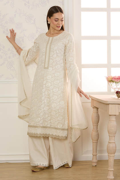 Cream Kota Cotton ChikanKari Unstitched Suit Material