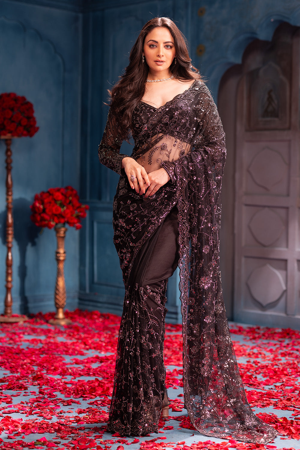 Black Cut-Dana And Sequins Embroidered Net Saree