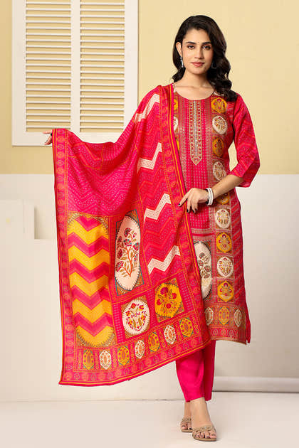 Magenta Pink Printed Embroidered Chanderi Silk Suit Set