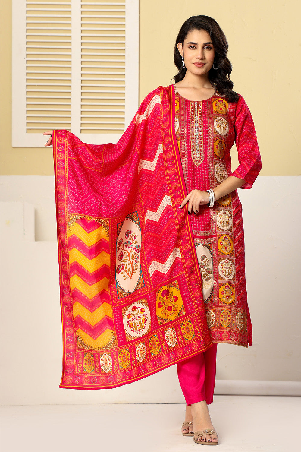 Magenta Pink Printed Embroidered Chanderi Silk Suit Set