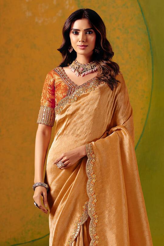 Golden Tissue Silk Border Embroidered Saree With Banarsi Woven Readymade Blouse