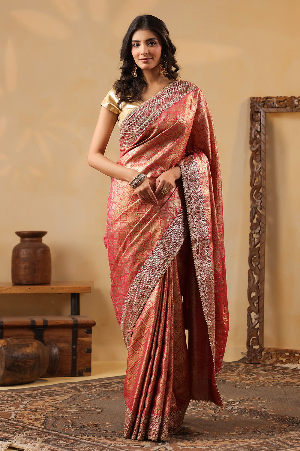 Cherry Red & Gold Color Woven Saree