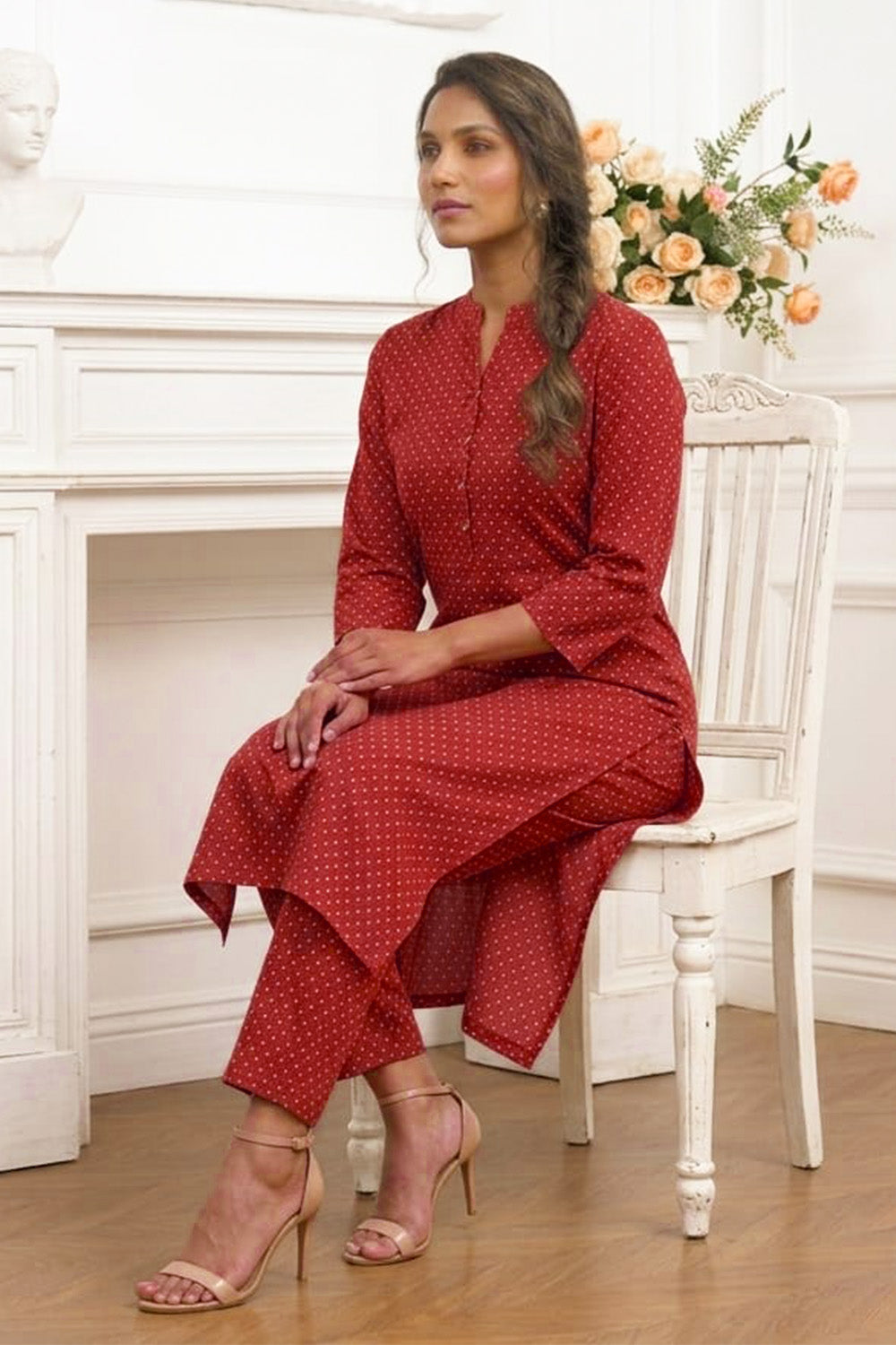Maroon Cotton Printed Kurta Set