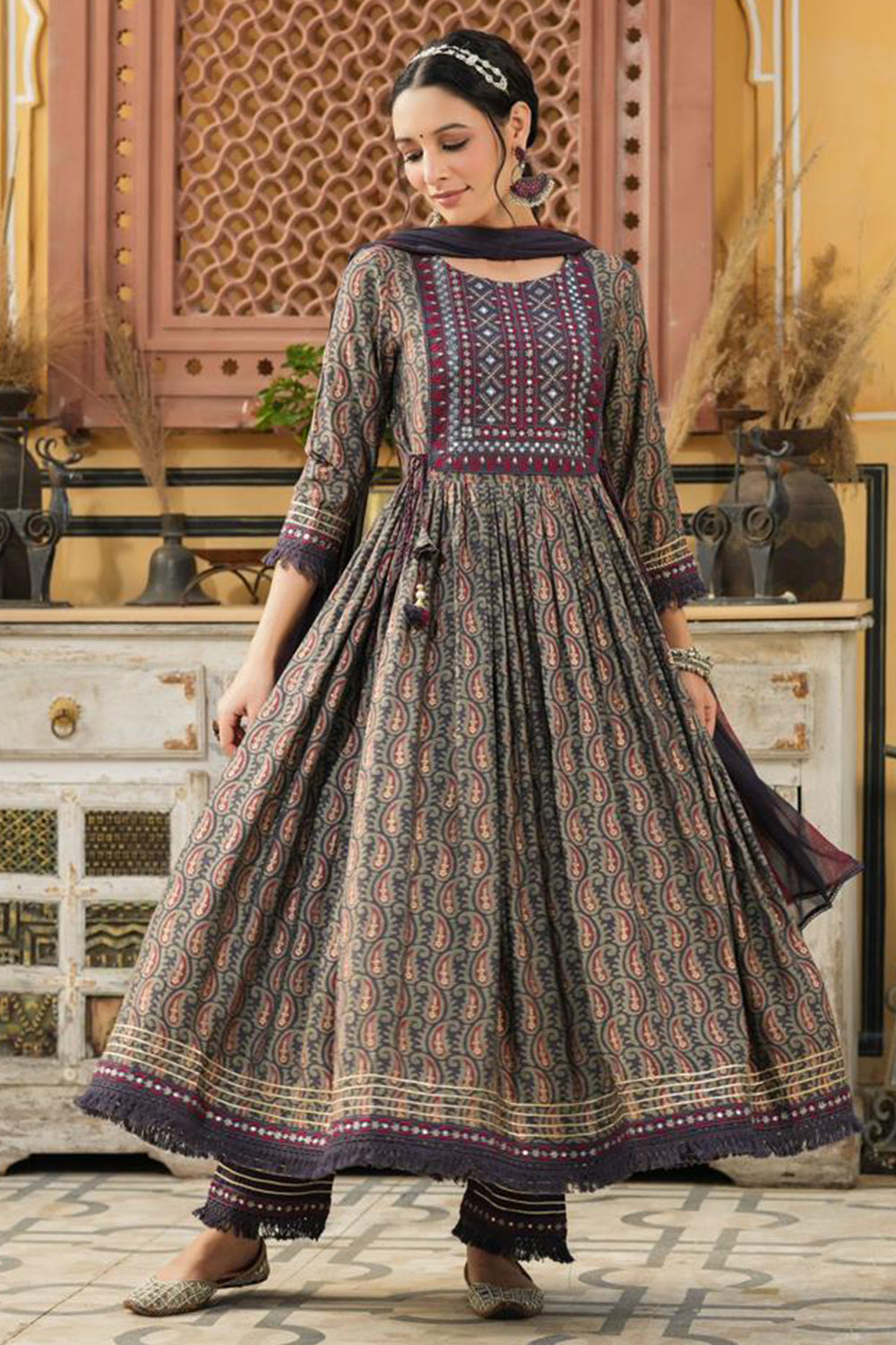 Grey and Navy Colour Muslin Printed Anarkali Suit