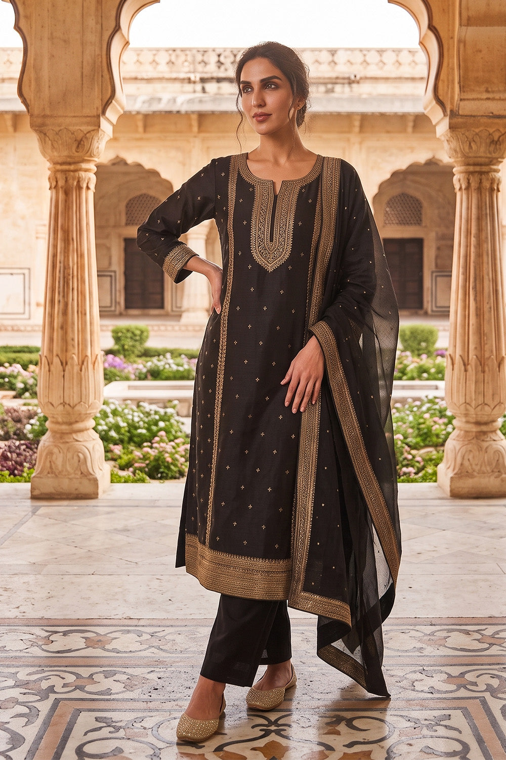 Black Crepe Silk Zari and Sequins Embroidered Anarkali Suit