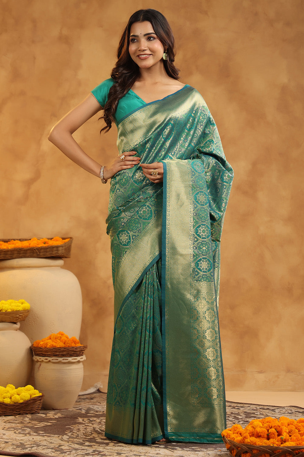 Teal Colour Silk Woven Saree