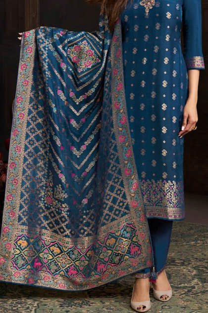 Blue  Silk Neck Embroidered And Zari Woven Suit With Woven Dupatta Set