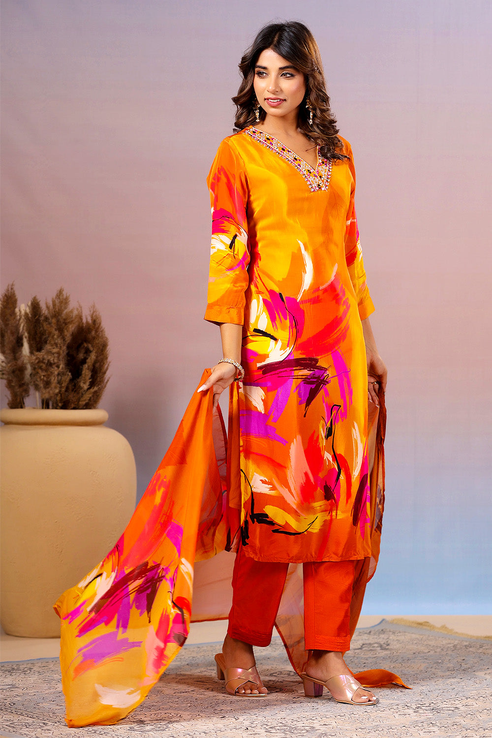 Orange Color Crepe Silk Printed Straight Suit