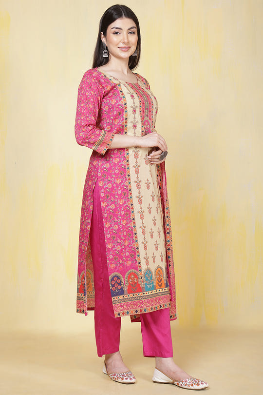 Magenta Pink & Beige Cotton Floral Printed Suit