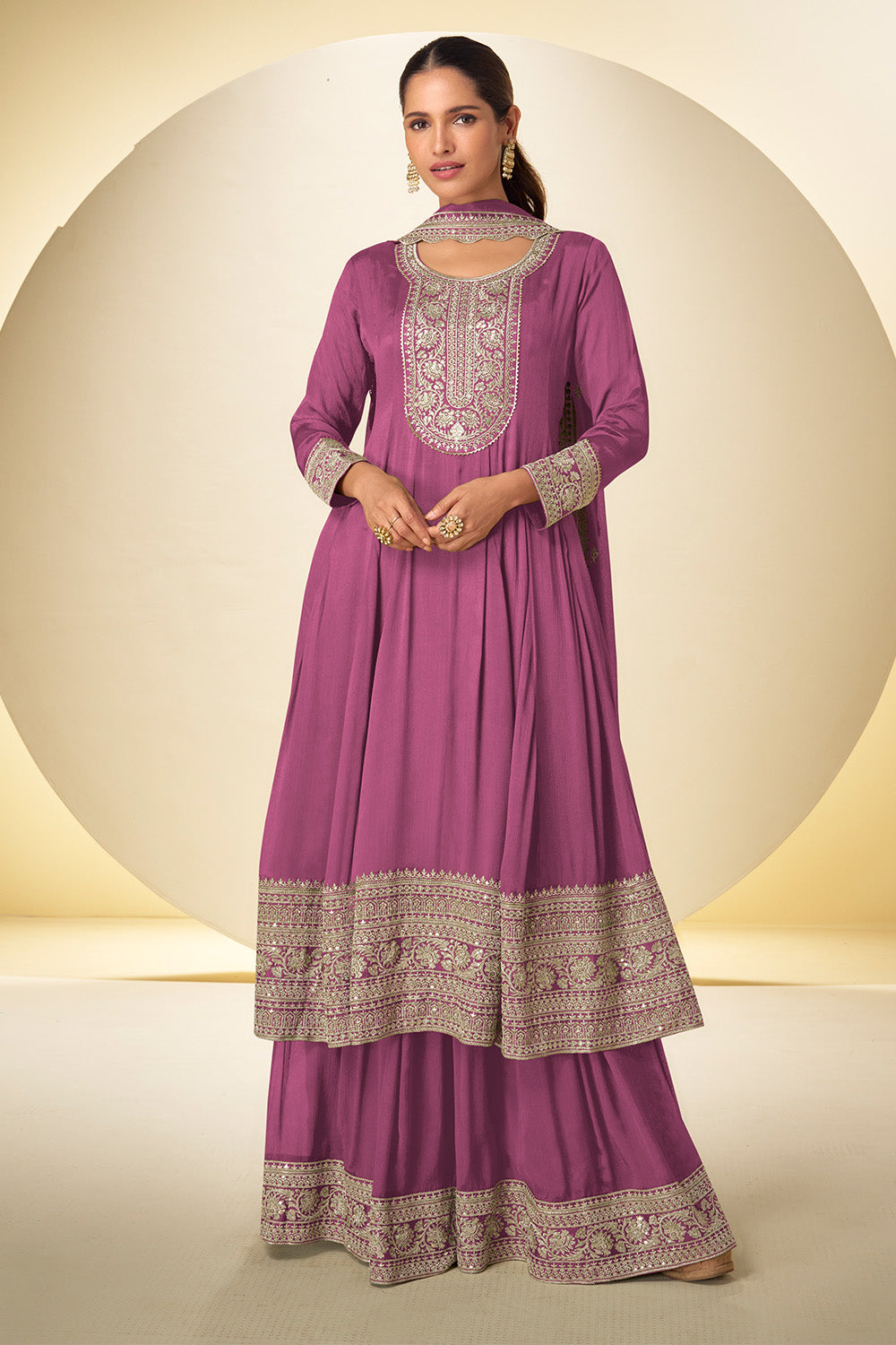 Crepe Silk Embroidered Anarkali Suit With Embroidered Sharara