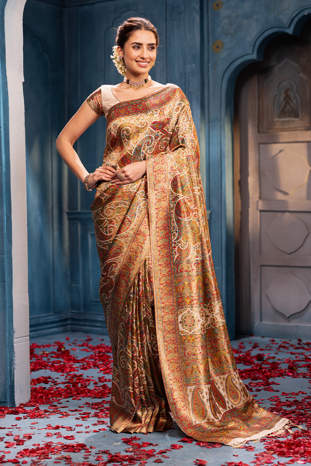 Beige Position Print Woven Silk Saree