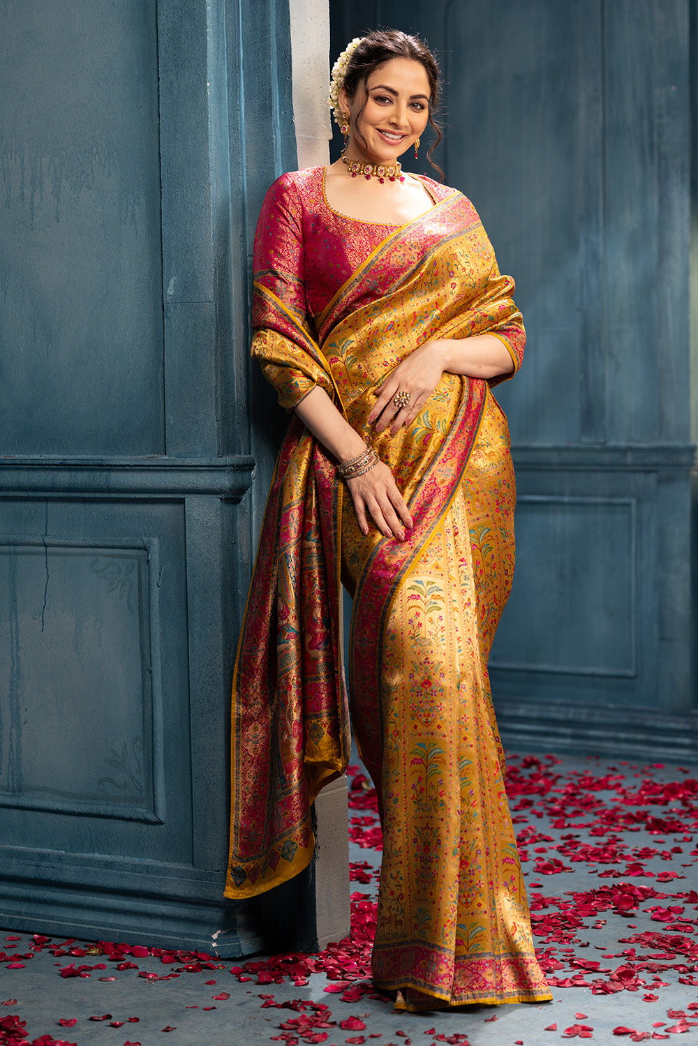 Mustard Position Print Woven Silk Saree