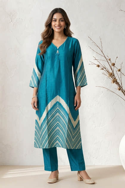 Dark Teal Mulberry Silk Printed Kurta Set