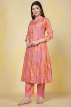 Orange Cotton Printed Long Kurta Set