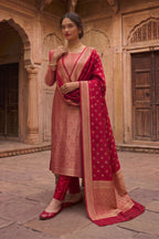 Fuchsia Pink Banarsi Silk Woven Unstitched Suit Material
