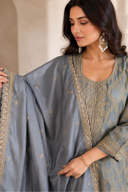 Grey Woven And Embroidered Silk Suit