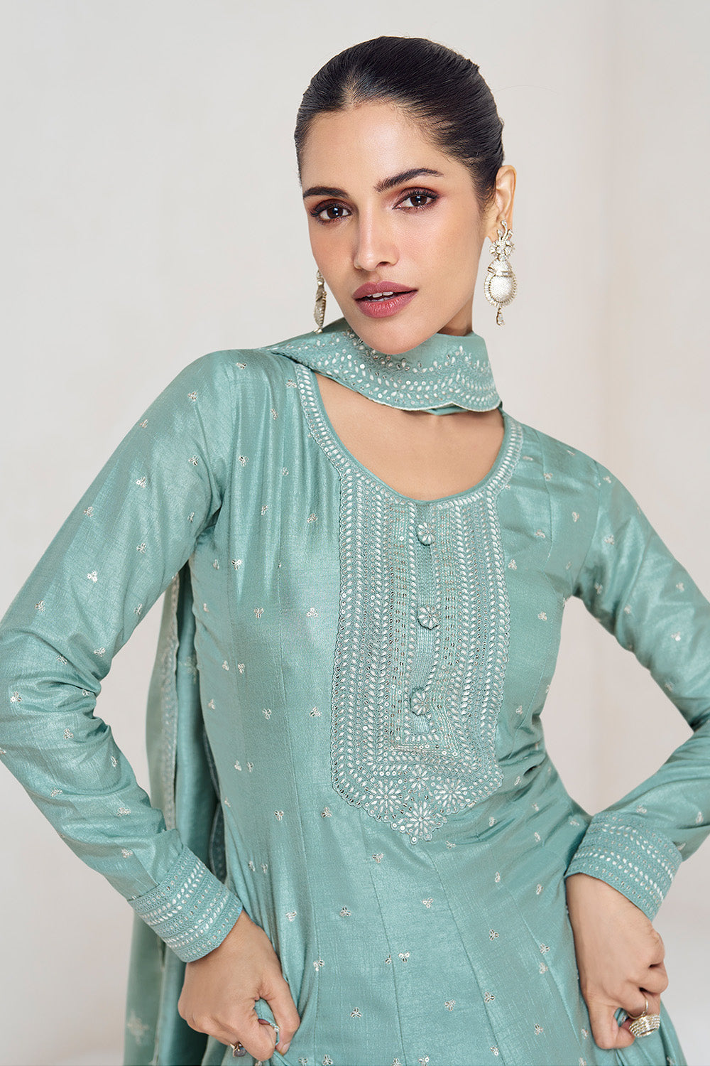 Summer Green Color Silk Embroidered Anarkali Kurti