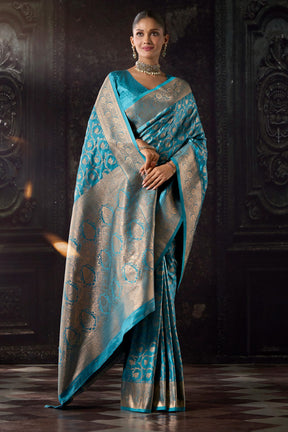 Pacific Blue Katan Silk Banarasi Zari Woven Saree