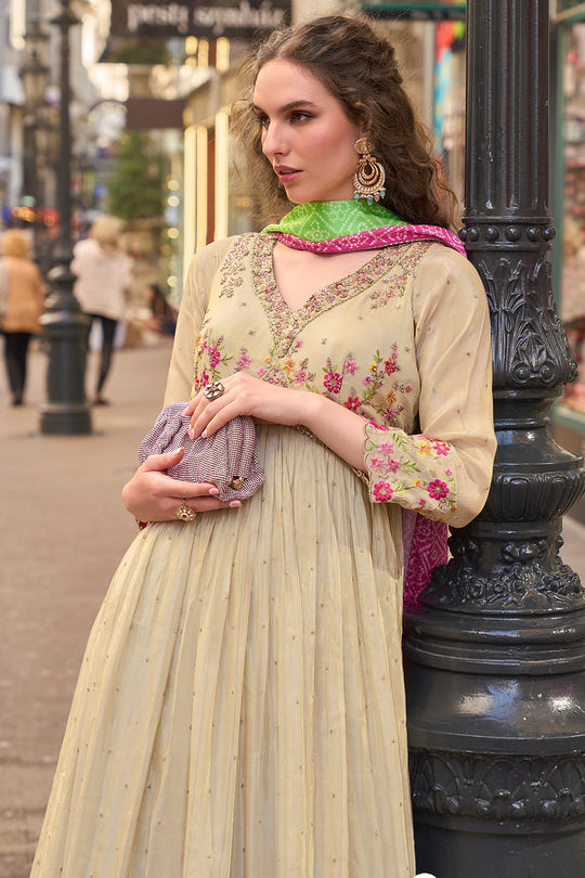 Cream Embroidered Alia Cut Anarkali Suit