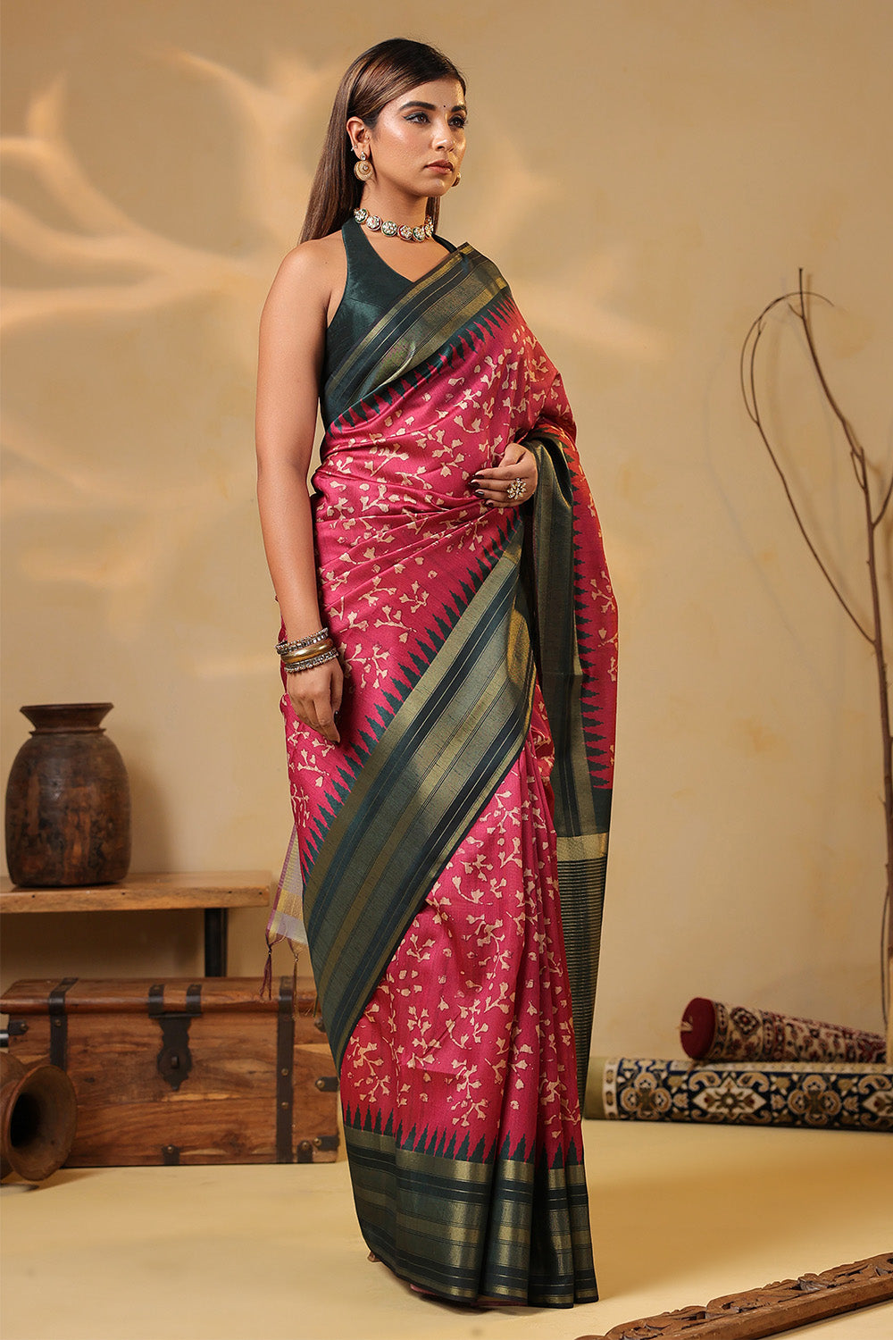 Deep Carmine Tussar Silk Floral Printed and Zari Woven Saree