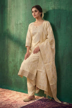Cream Crepe Silk Zari And Sequins Embroidered Suit