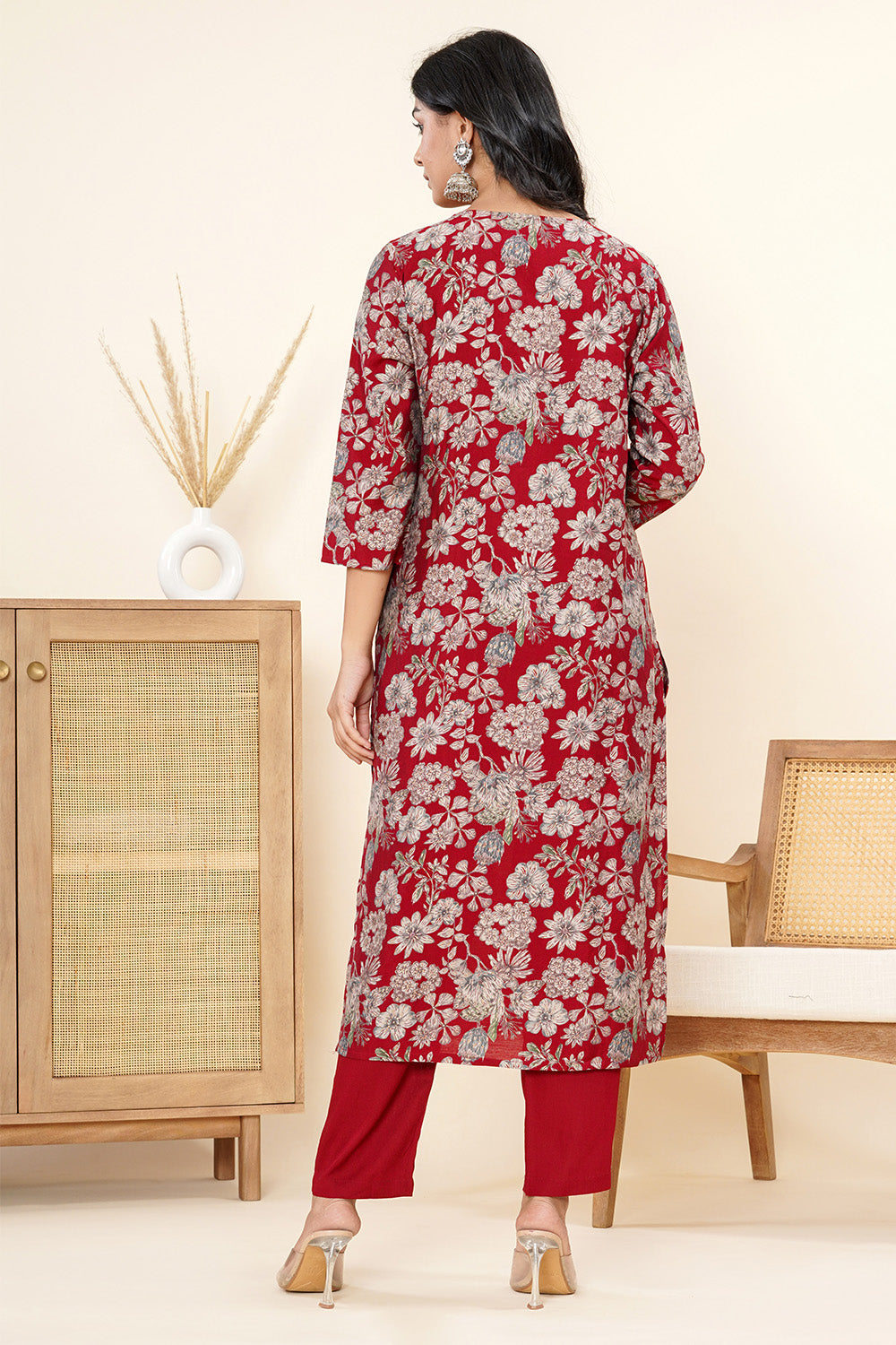Maroon Color Printed & Neck Embroidered Muslin Suit