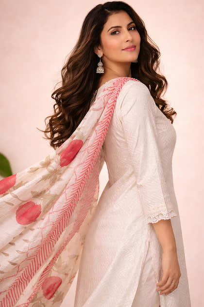 White Cotton Embroidered And Lace Work Suit Set