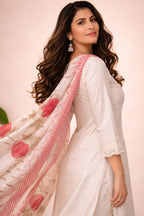 White Cotton Embroidered And Lace Work Suit Set