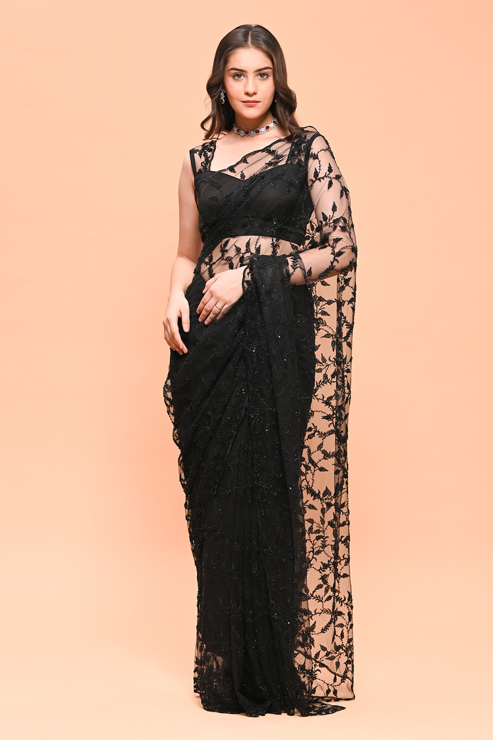 Black Color Net Cut-Dana Work Saree
