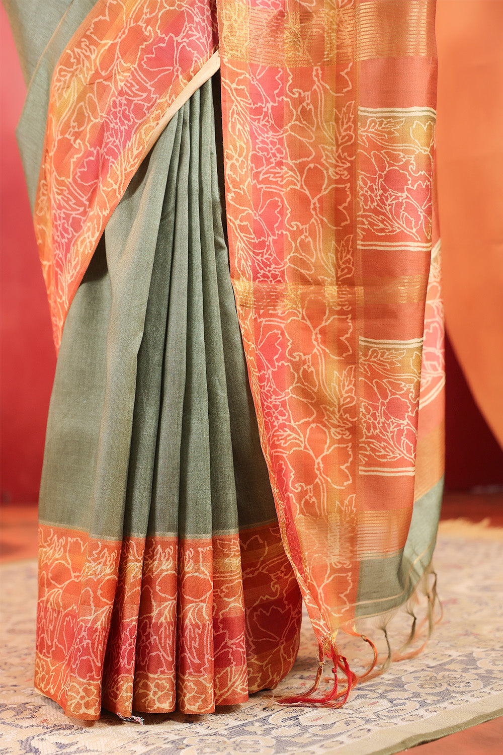 Sage Green Tussar Silk Floral Printed and Zari Woven Saree