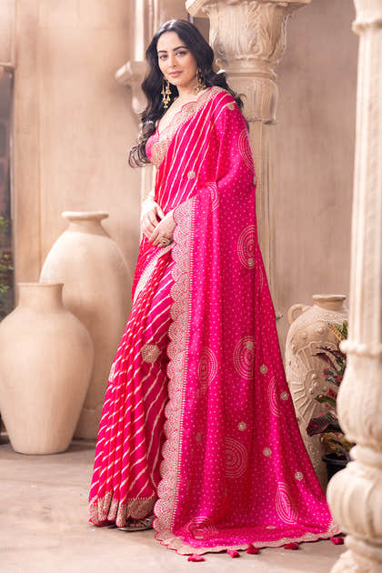 Magenta Pink Gajji Silk Embroidered and Printed Saree