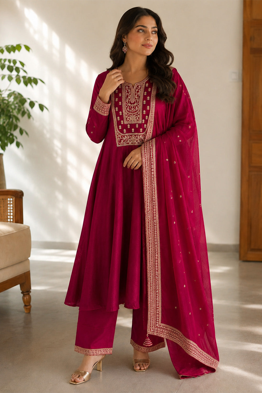 Maroon Crepe Silk Zari and Sequins Embroidered Anarkali Suit
