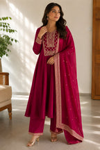 Maroon Crepe Silk Zari and Sequins Embroidered Anarkali Suit