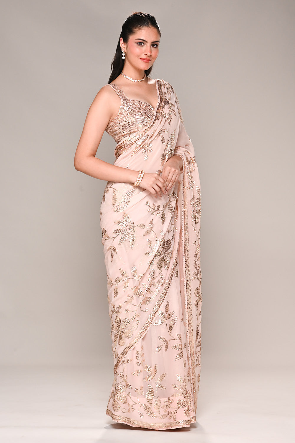 Baby Pink Color Georgette Sequins Embroidered Saree