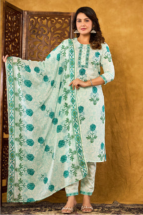 Teal Floral Printed Straight Suit Set