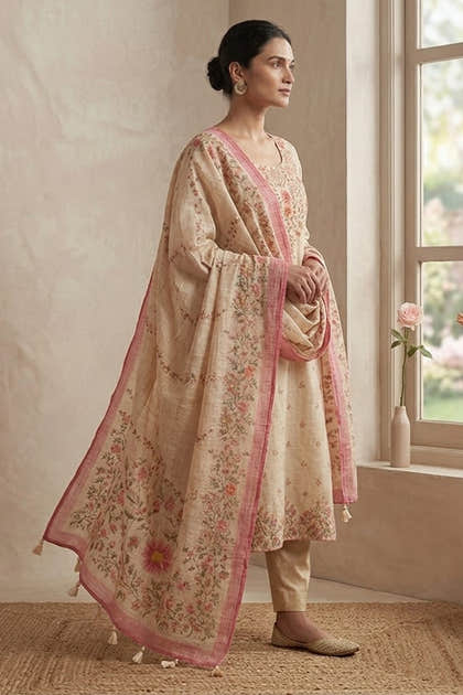 Cream Floral Printed Kota Cotton Suit