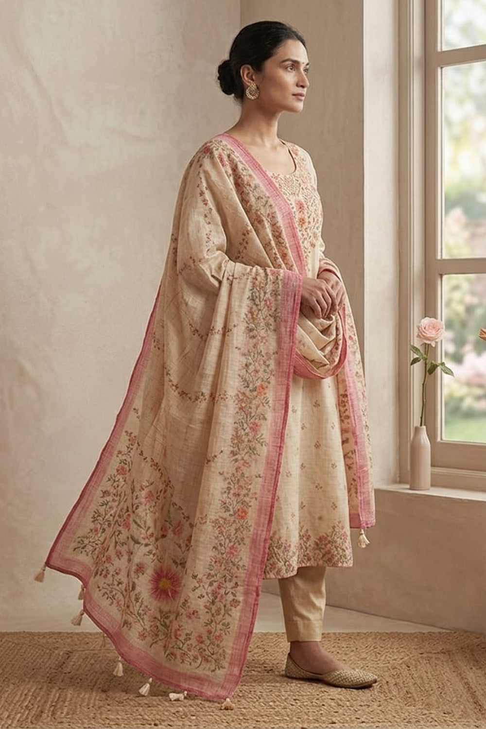 Cream Floral Printed Kota Cotton Suit