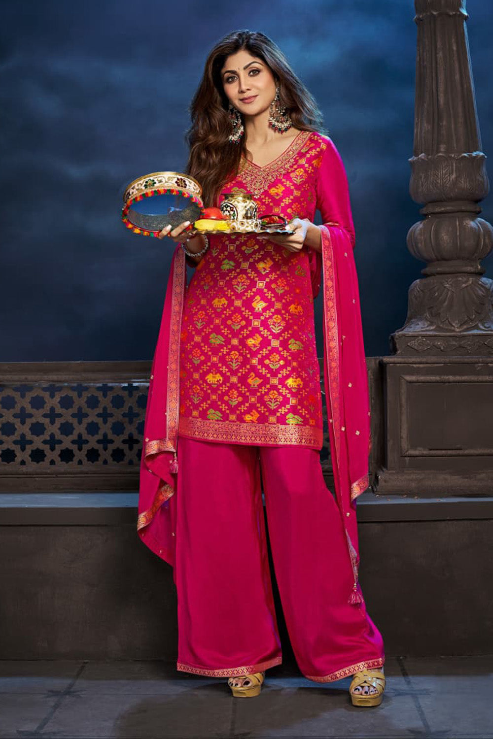 Fuchsia Pink Color Silk Embroidered Suit with Plazzo