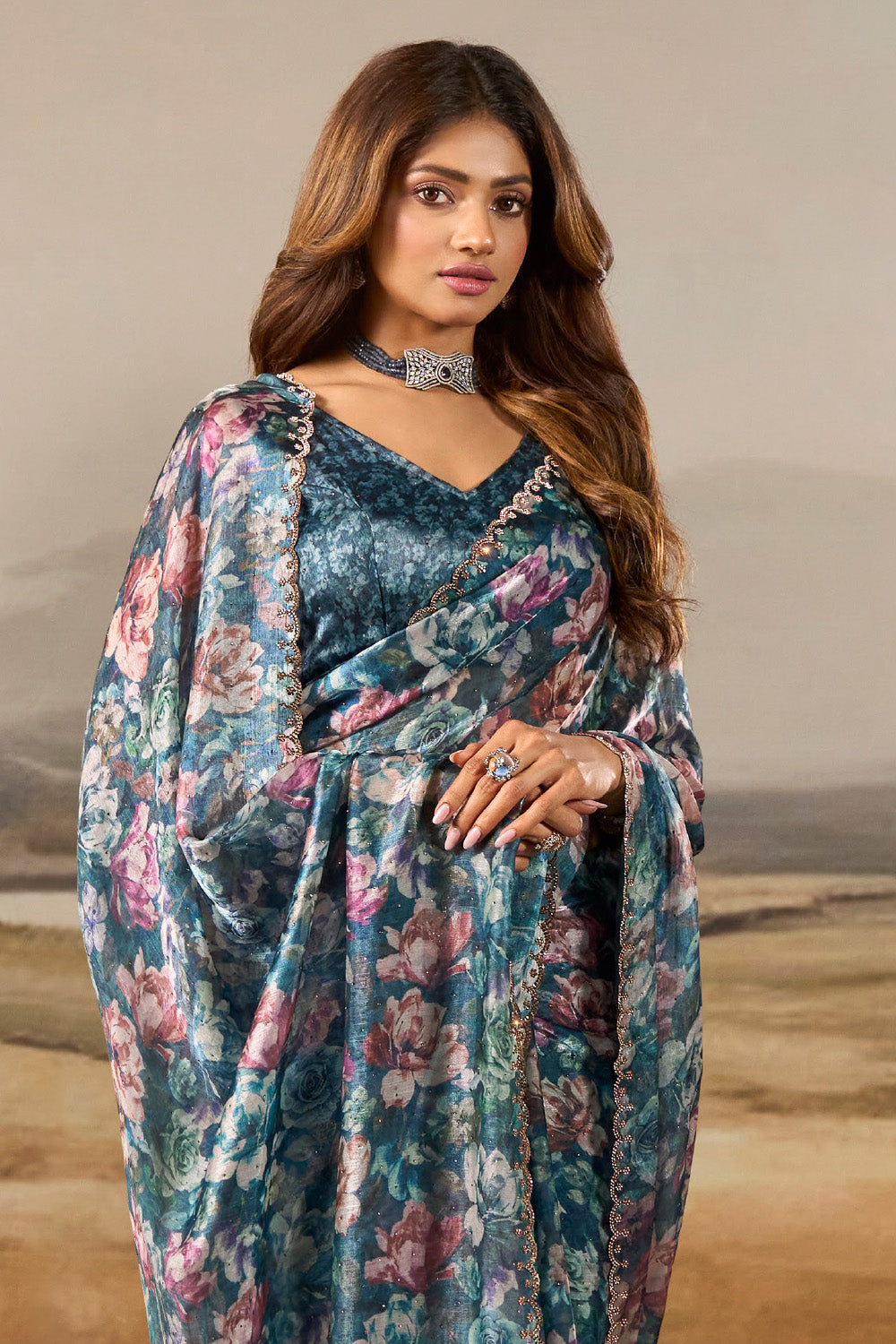 Blue Shimmer Floral Printed Saree with Swarovski Work on Border