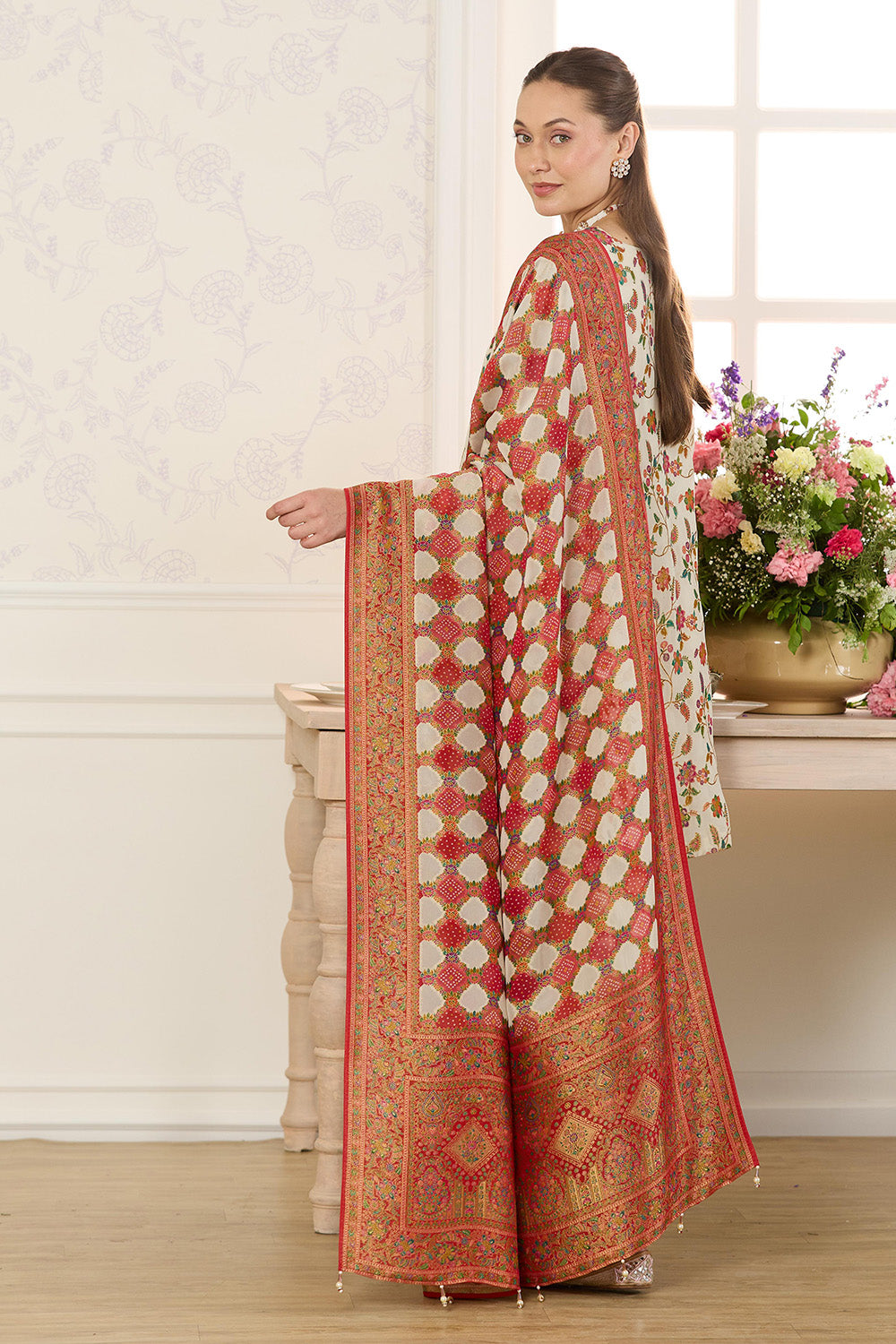 Cream Georgette Floral Resham Woven Unstitched Suit Material