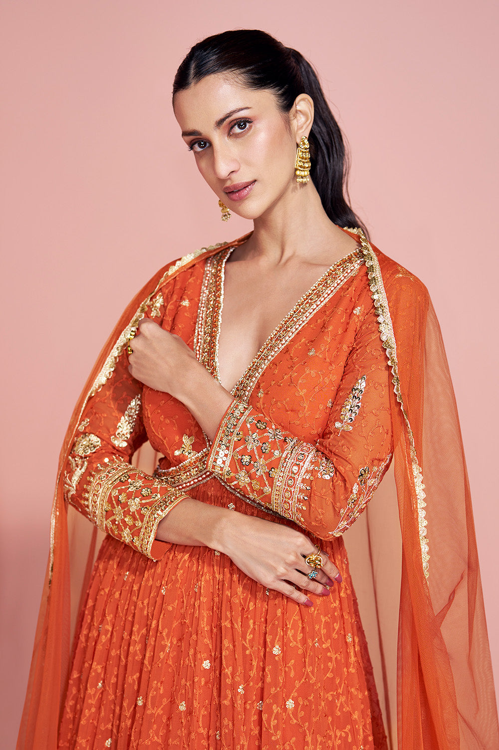 Orange Georgette Resham, Zari and Sequins Embroidered Alia Cut Anarkali Gown