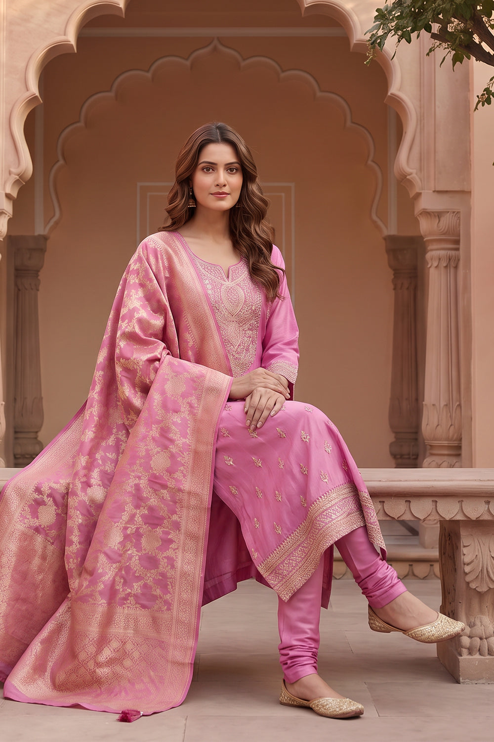 Dusty Pink Zari And Sequins Embroidered Silk Suit