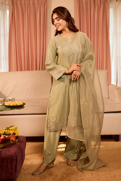 Seagreen Salsa Tissue Embroidered Unstitched Suit Material